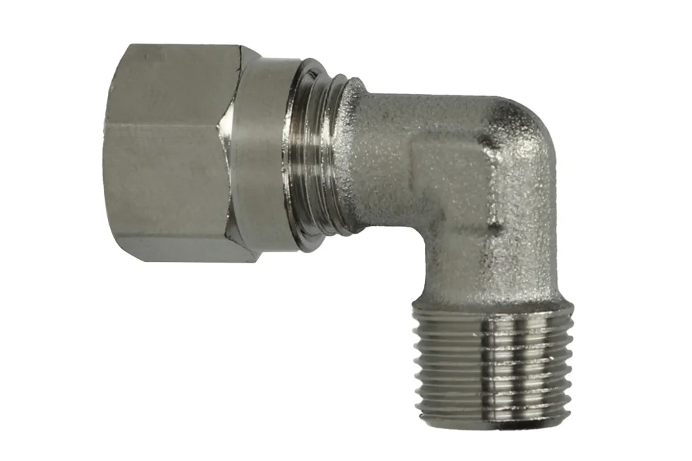 Compression fitting for pipes and pneumatic hoses, 90° elbow with male thread BSPT, type B5