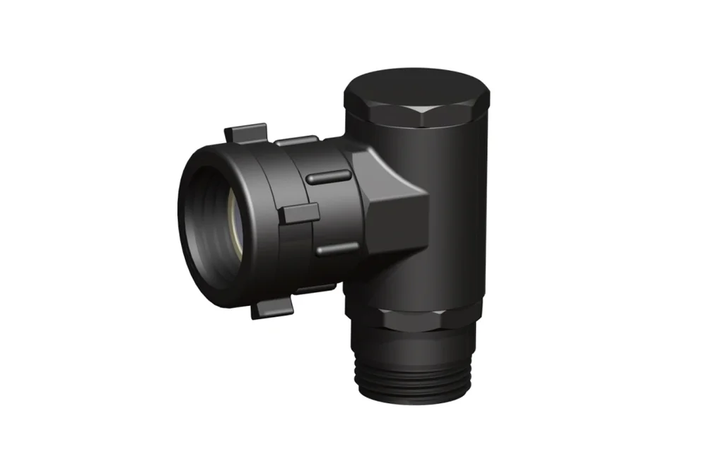 90° IBC adaptor for pallet containers with female thread/male thread, polypropylene