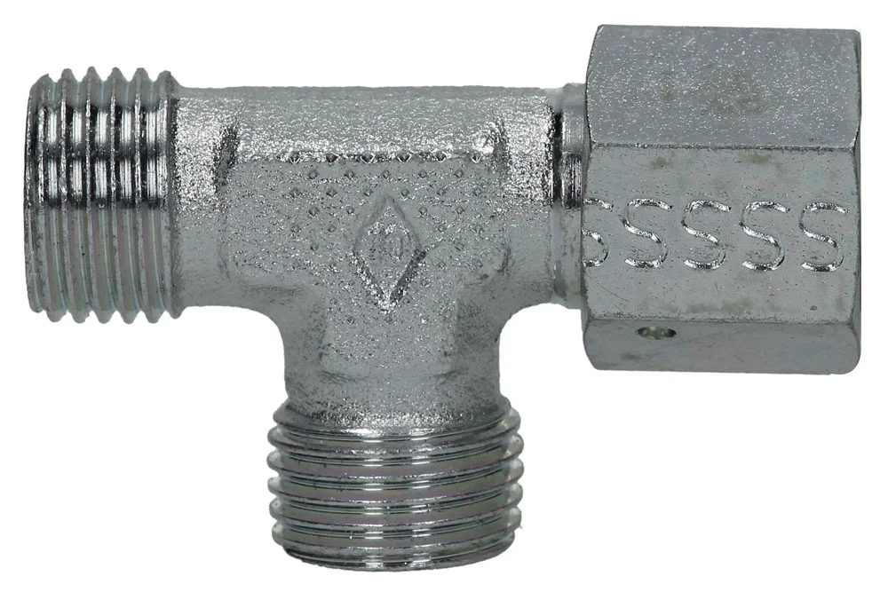 L tee fitting with male thread and adjustable female thread, O-ring sealing, EVLO