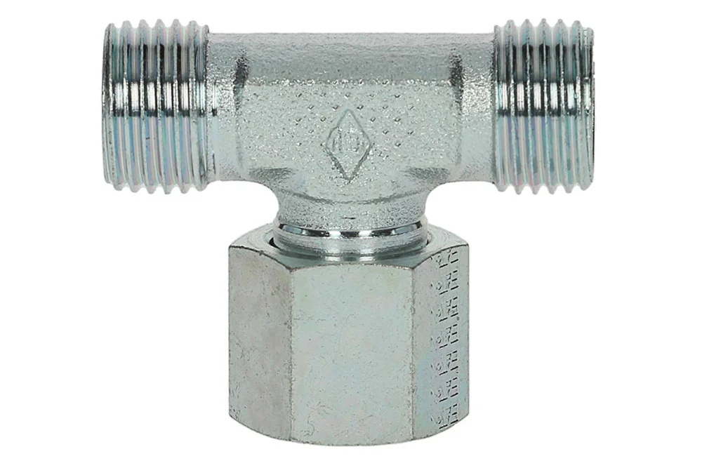 Tee fitting T with adjustable male and female thread, O-ring seal, EVTO