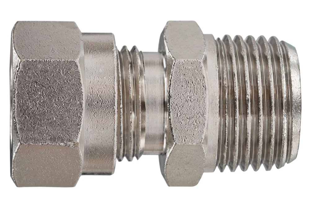 Compression fitting for pipes and pneumatic hoses with male thread BSPT, type B1