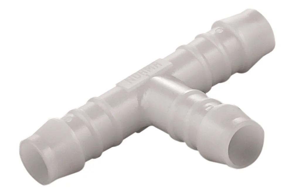 "T" tee connector for hose, acetal copolymer, type NA