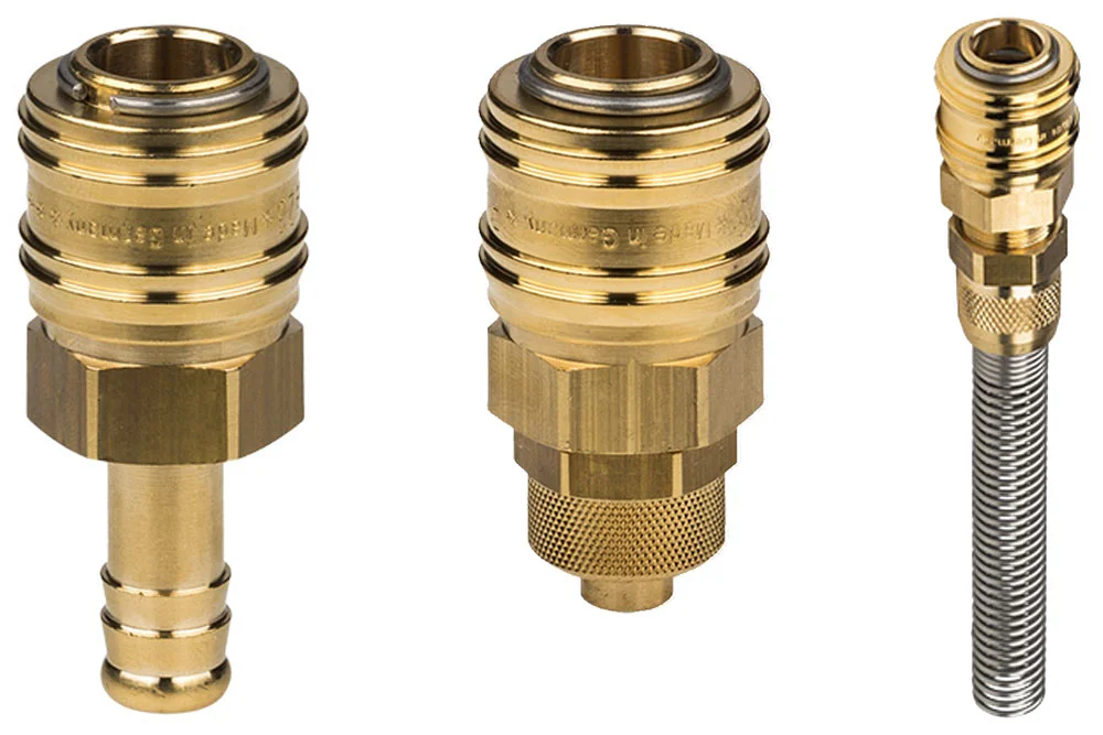 Quick coupling socket DN7.2 Eurostandard with valve, with hose tail, brass, series 26KA