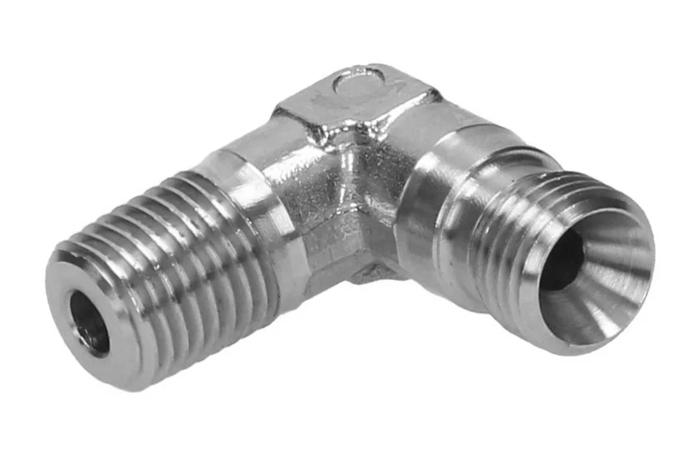 90° adaptor with male thread BSPT/male thread BSP, stainless steel, type A110